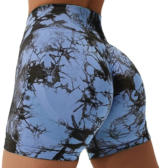Blue & Black Tie-Dye Scrunch Butt Biker Compression Shorts Lifting & Slimming - Picture 2 of 6